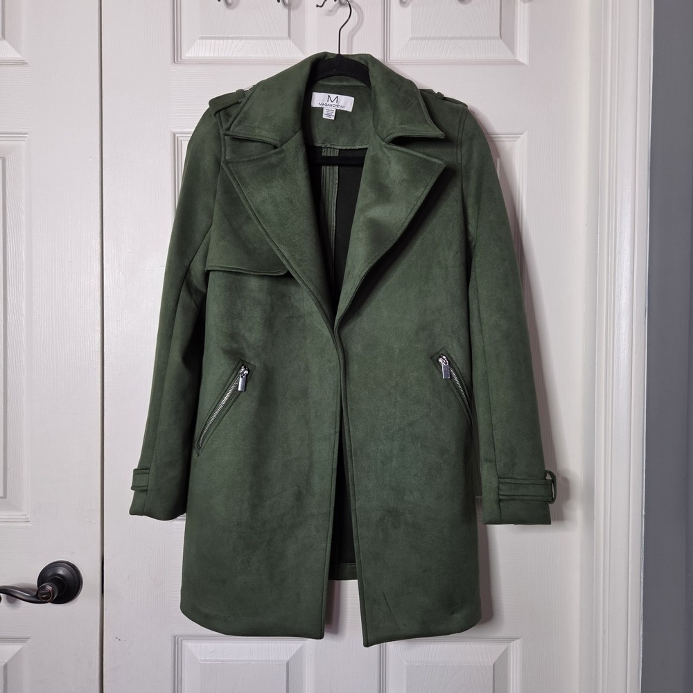 Magaschoni Faux Suede Forest Green Trench Coat Open Zip Pockets Elegant Size XS